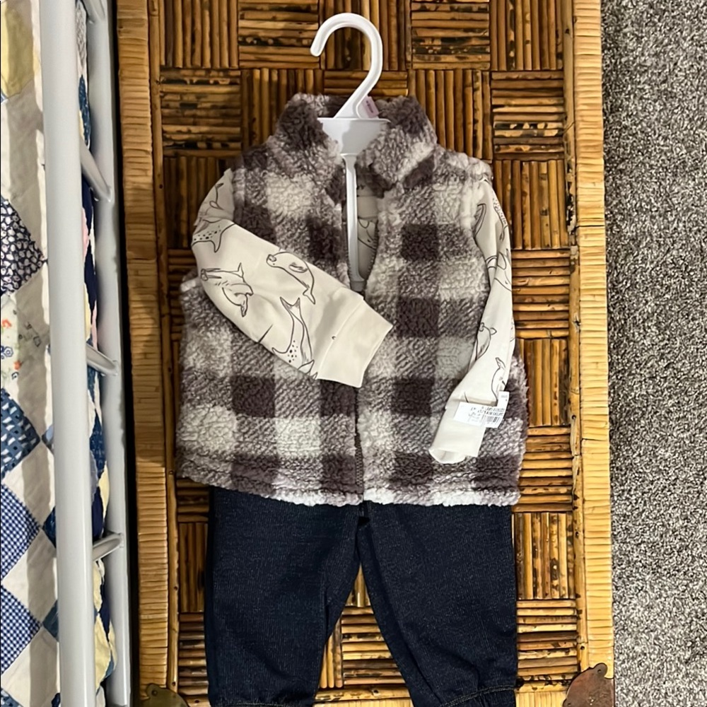 Plaid Fleece Vest with Ocean Onesie and Soft “jean” pants